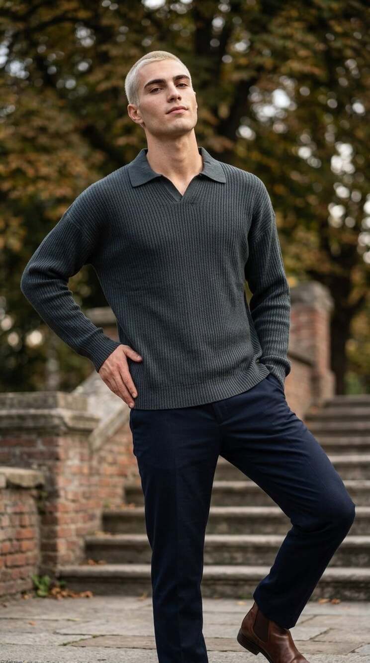 Vintage C.P. Company Full Rib Knitted Cotton Long Sleeve Polo Sweater